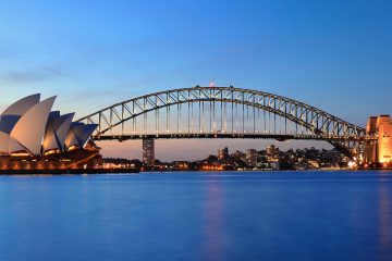 Sydney Australia skyline with the Opera House and Harbour Bridge at sunset