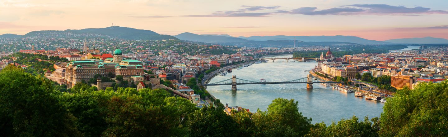 Panoramic view from above on landmarks of Budapest at summer sunset, Hungary