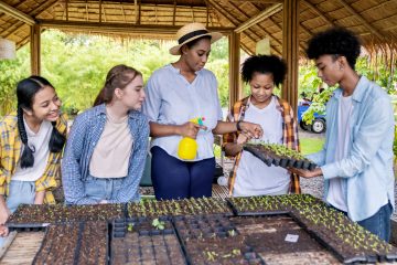 Group of students volunteering and helping in a garden to plant new plants, having learned about