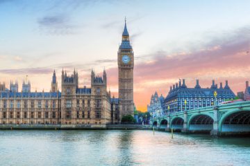 London, UK panorama. Big Ben in Westminster Palace on River Thames at beautiful sunset.