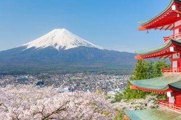 Red pagoda with Mt. Fuji as the background