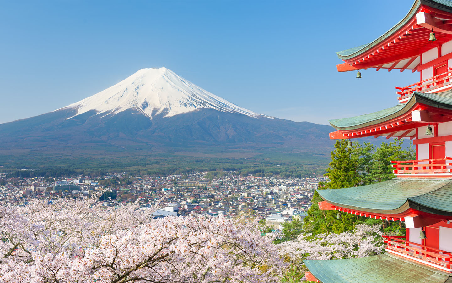 Red pagoda with Mt. Fuji as the background