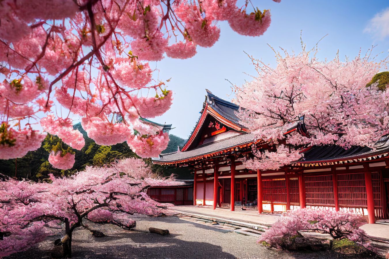 Japanese temple with full bloom cherry blossoms all around it and Mt Fuji in the background.