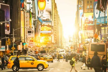 A view of New York City as the sun begins to set.