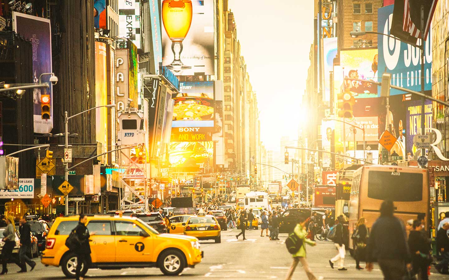 A view of New York City as the sun begins to set.