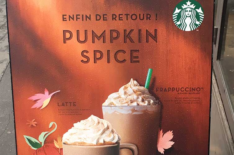 Starbucks sign in Paris for pumpkin spiced lattes