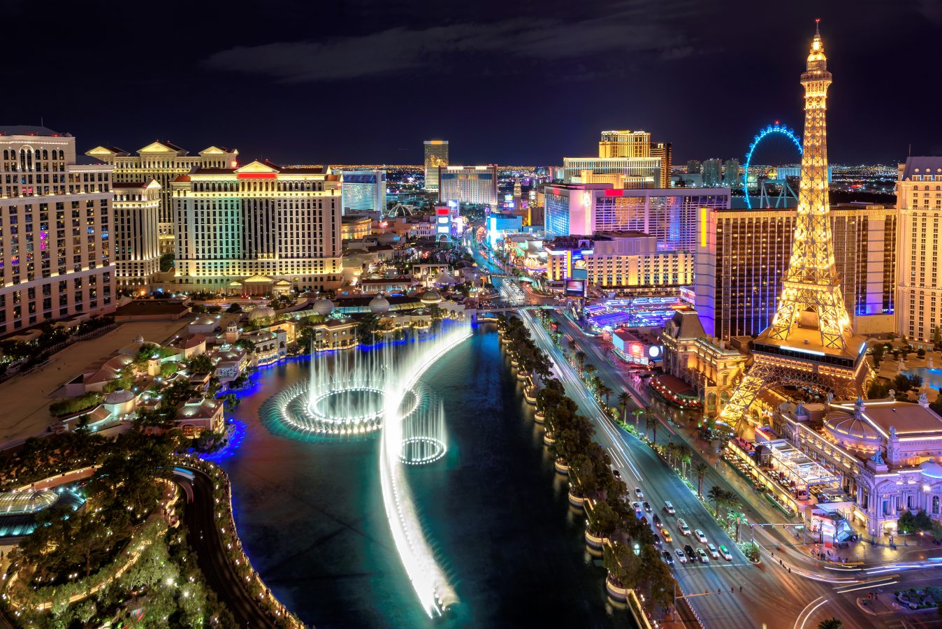 A nighttime skyline view of Las Vegas which is one of the cheapest summer destinations for 2023.