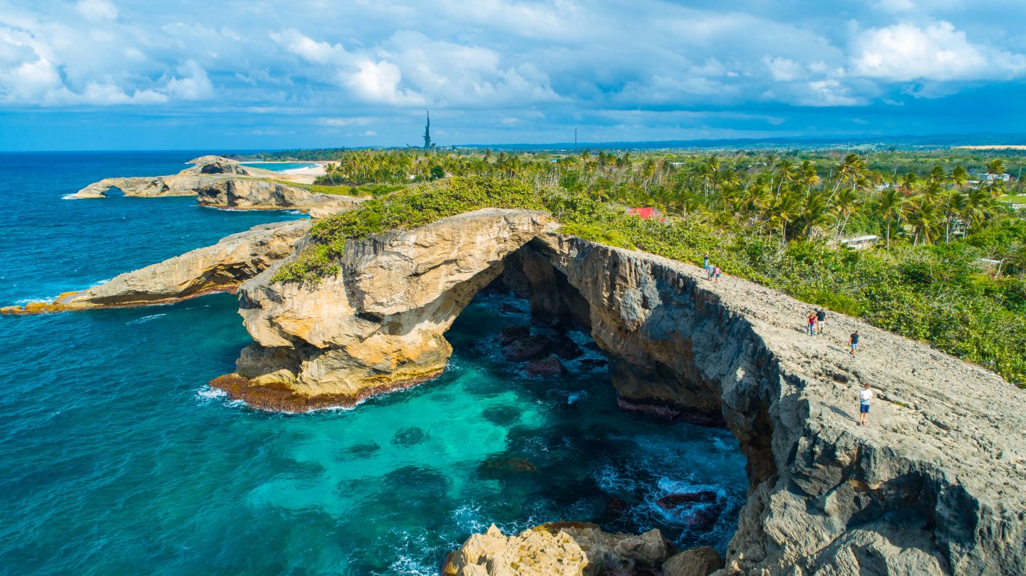 Oceanline of Puerto Rico, with bright blue water to the left and a green forest of palm trees inland. The skies are blue with fluffy white clouds.