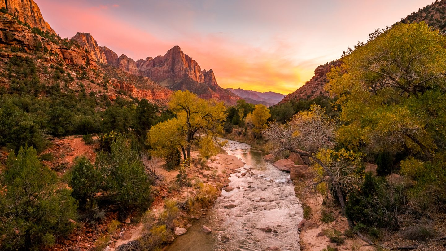 Sunrise or sunset at Zion National Park in Utah.