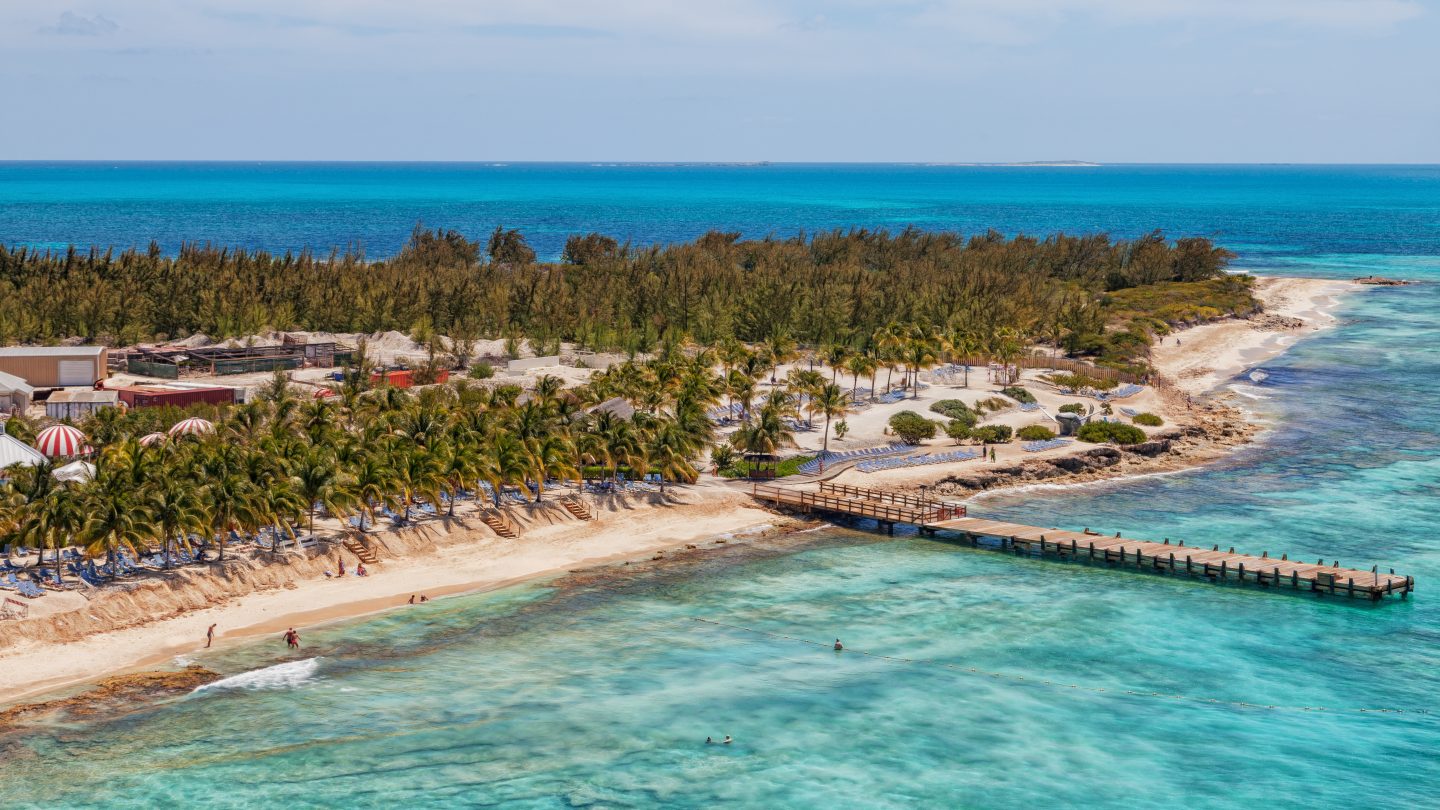 Aerial view of the beach at the cruise center of Grand Turk in the Turks and Caicos Islands of the Caribbean.