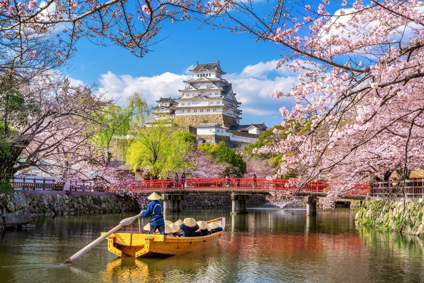 Himeji castle and cherry blossoms in bloom with boat on the water in Osaka, Japan: a top destination for black female solo travelers.