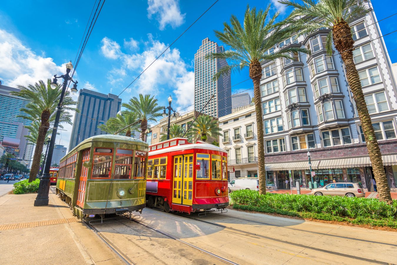 Street cars on the street in sunny New Orleans, Louisiana, USA.