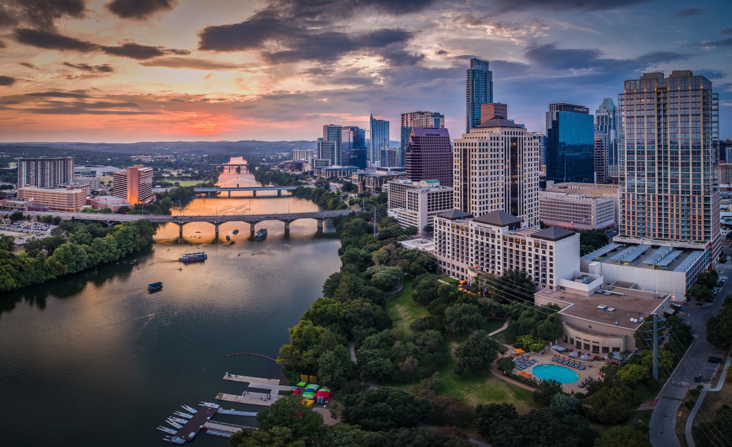 City skyline of downtown Austin, Texas during sunset - a great spring travel destination.