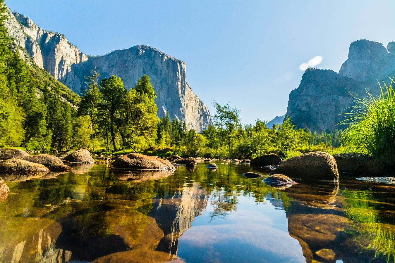 Clear water lake in the foreground, with lush green plants on the far shore, and the moutains of Yosemite National Park - including Half Dome - in the background.