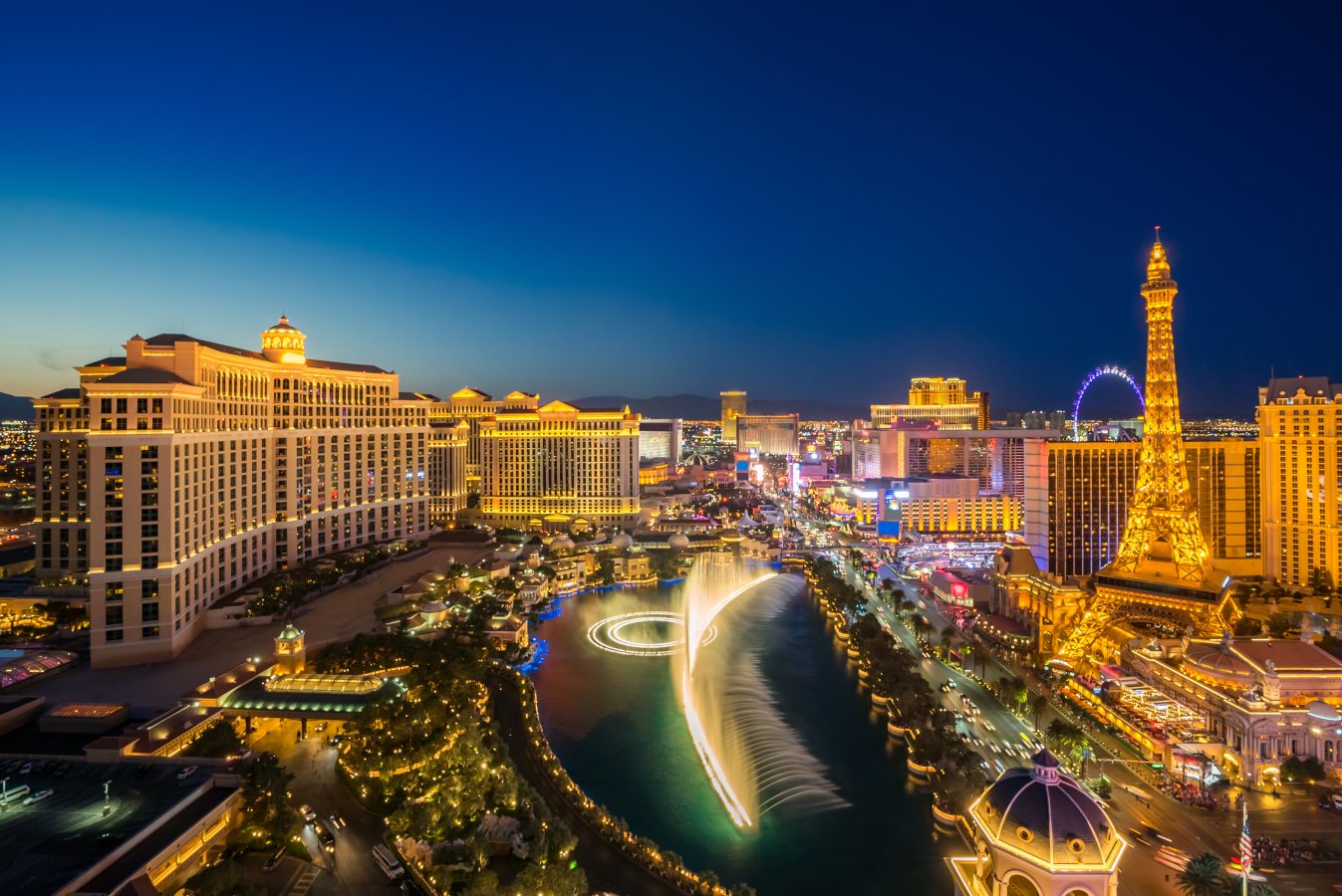 Aerial view of the cityscape of Las Vegas in Nevada at night.