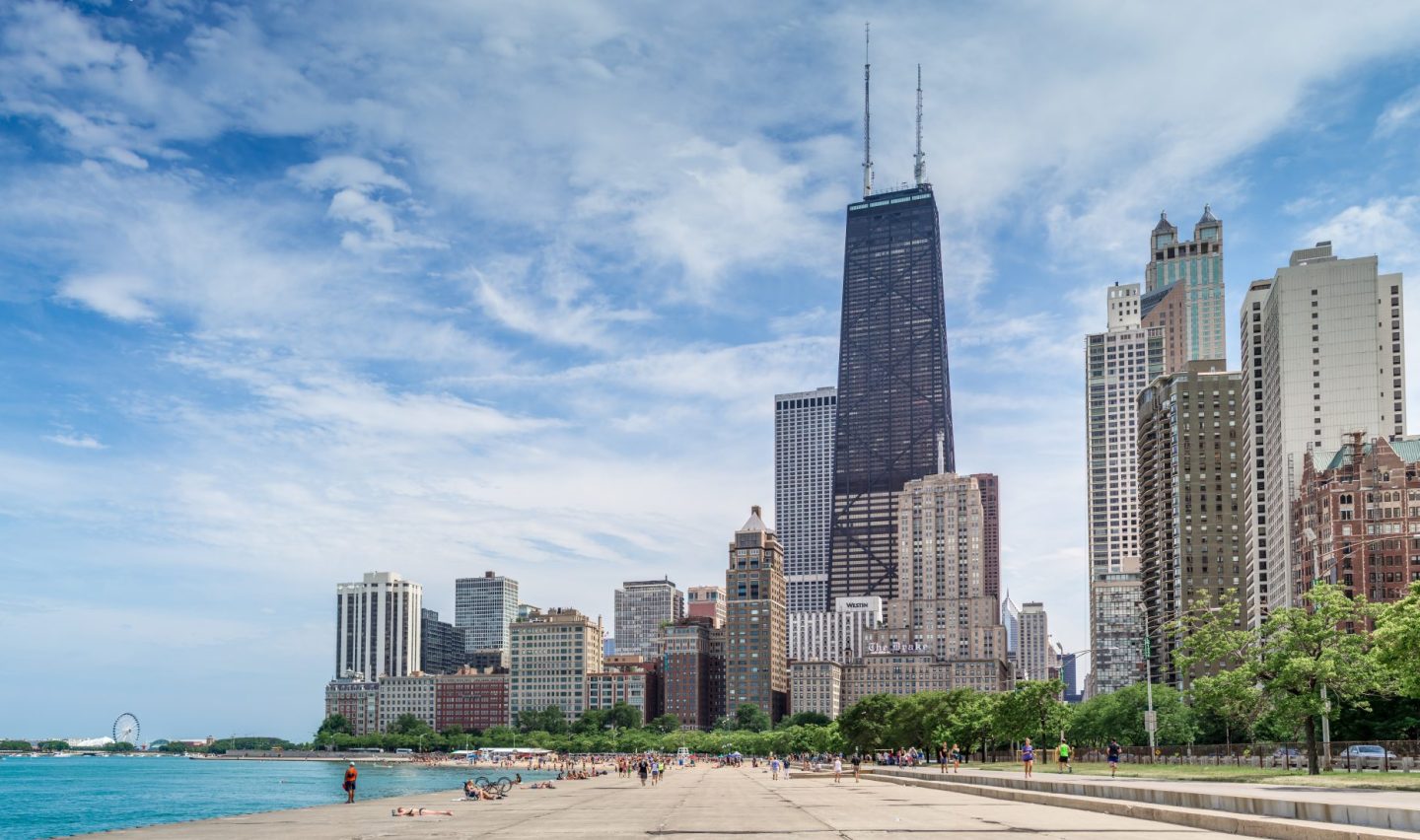 Chicago skyline and Lake Michigan on a sunny summer day.