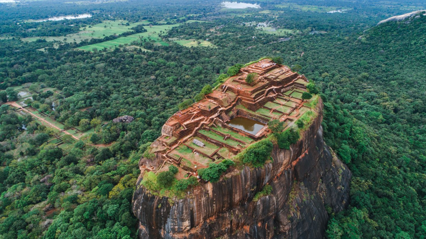 Sigiriya Lion's Rock of Fortress in the middle of the forest in Sri Lanka island.