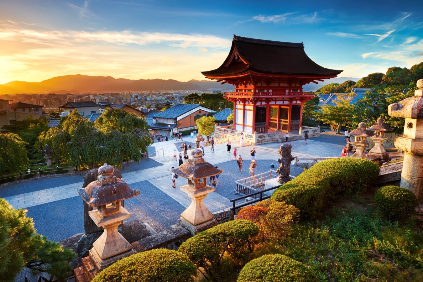 A view of a temple in Kyoto, Japan at sunrise.