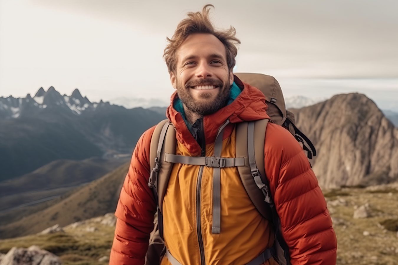 Young adult backpack hiking in the mountains.