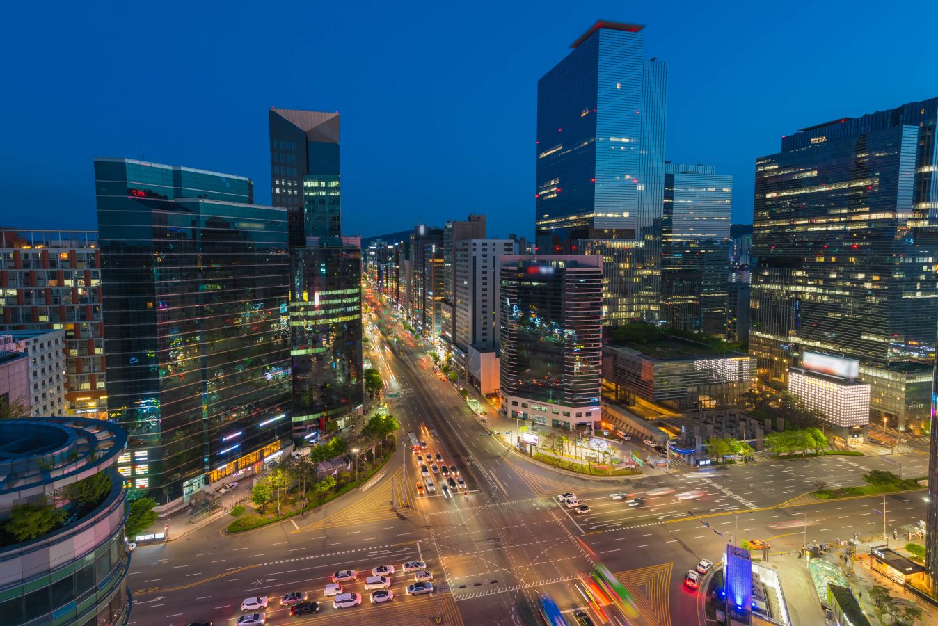 Nighttime in busy, bustling Gangnam district in Seoul.