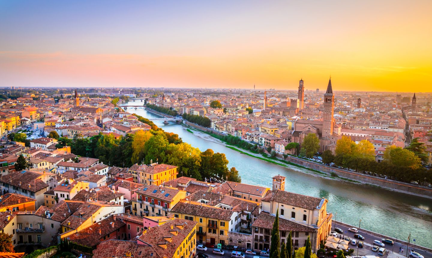 Sunset over Verona, Italy in summer.