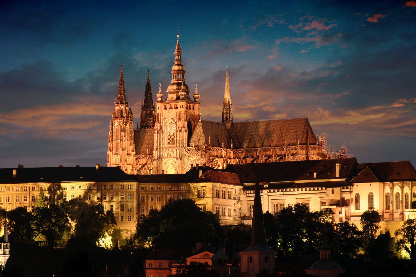 Prague Castle in Prague, Czech Republic lit up at night.