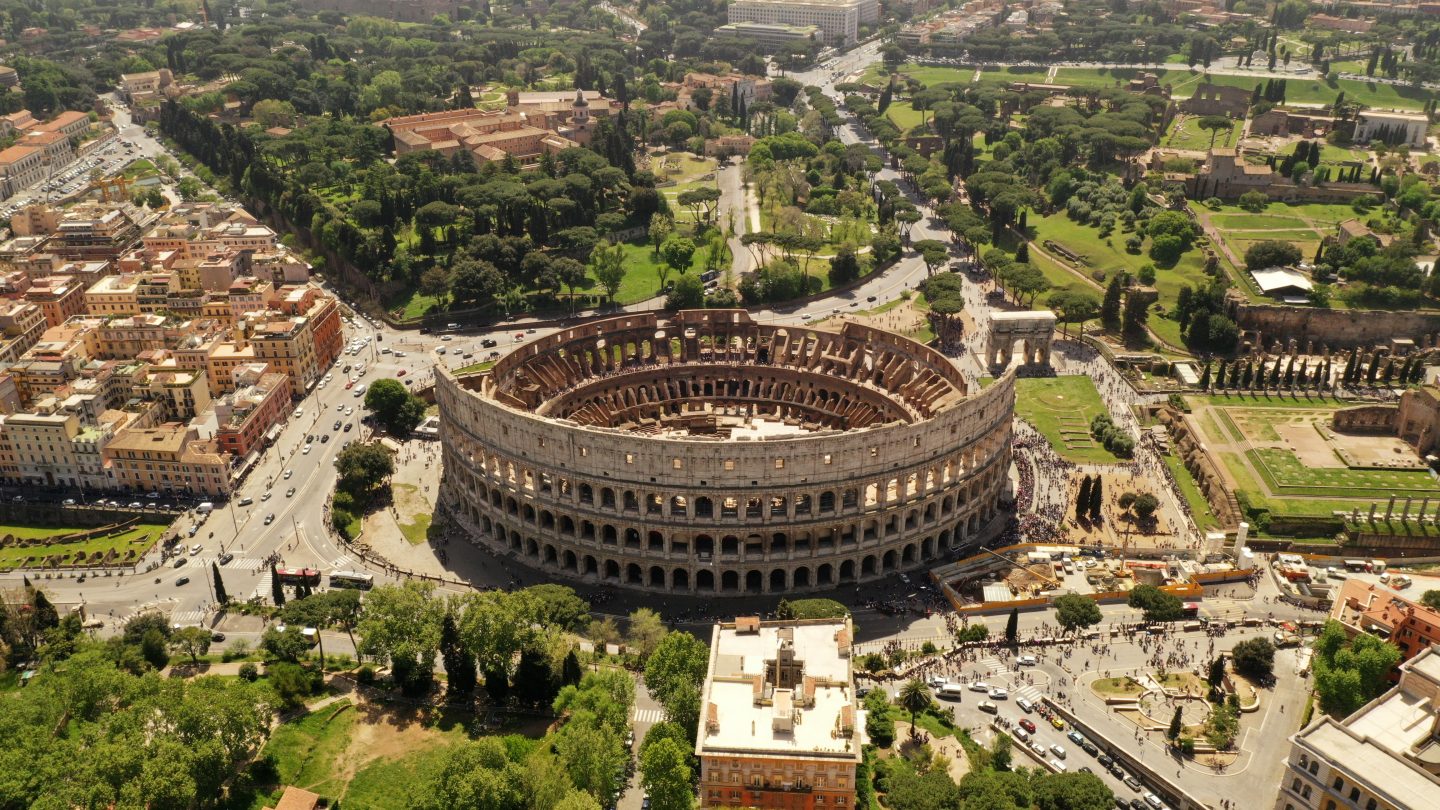 Aerial footage of Coliseum from drone, Rome, Italy