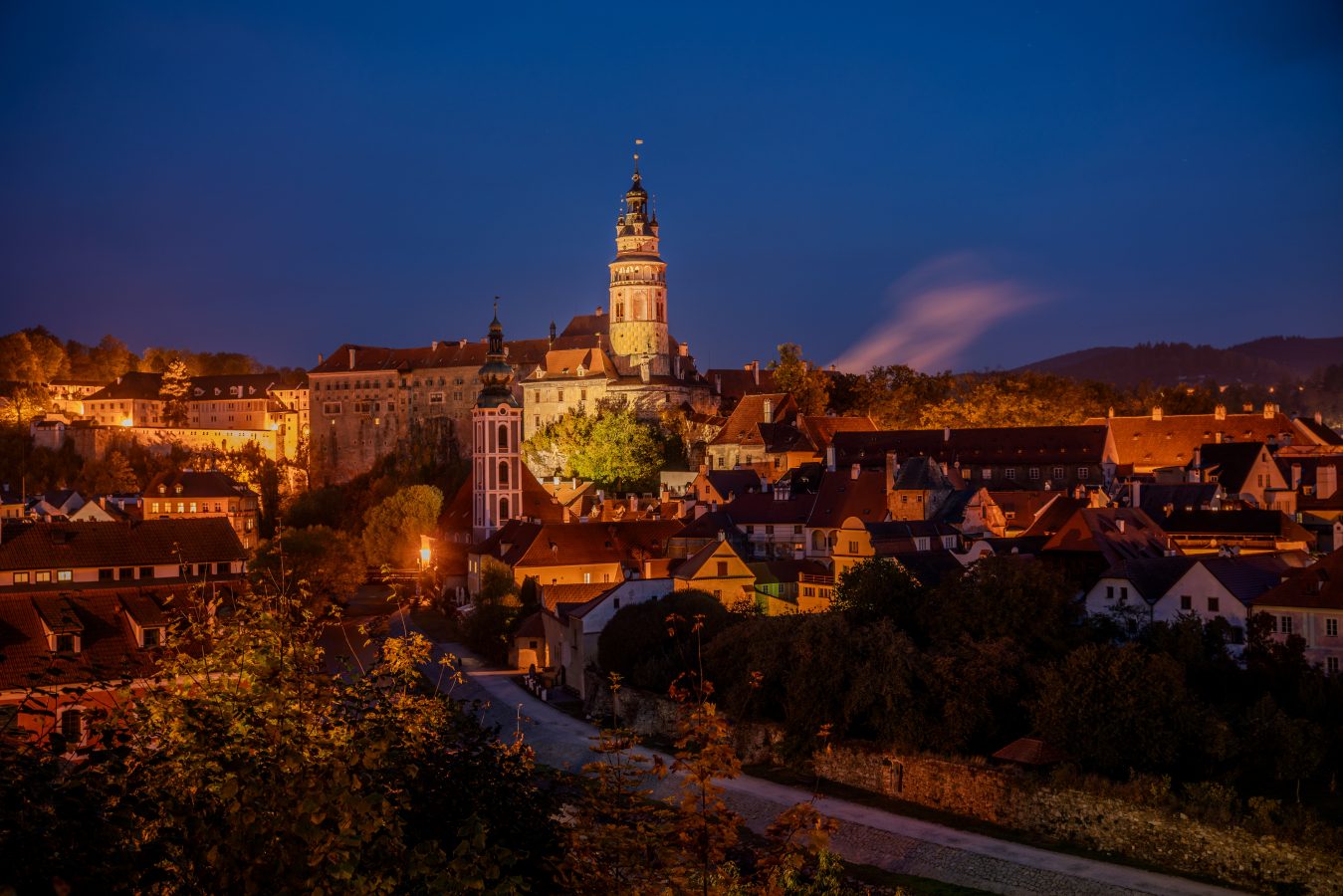 Cesky Krumlov at night in Czech Republic. Halloween movie locations for movie such as Nosferatu.