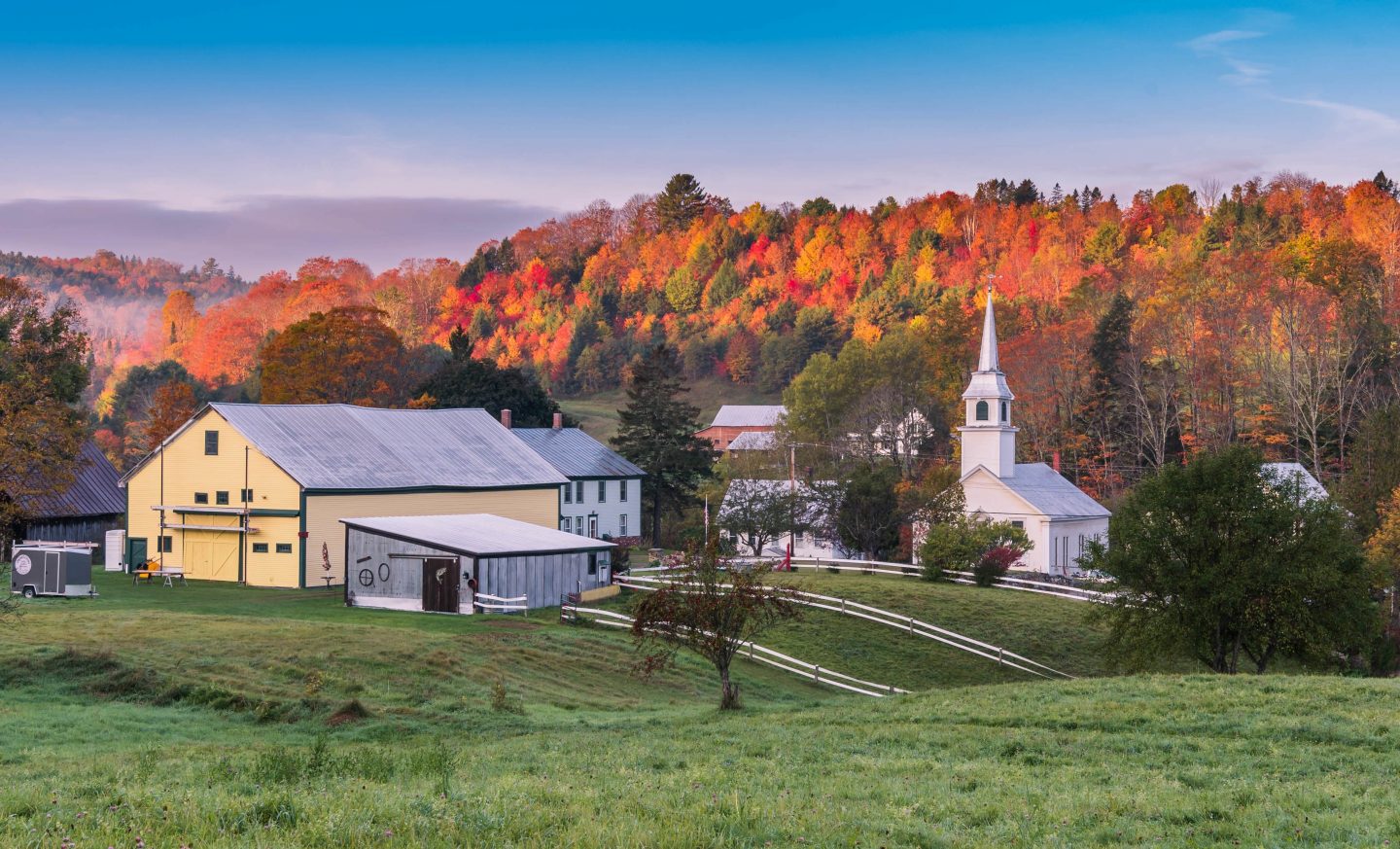 Beautiful view of the buildings and autumn trees in East Corinth, Vermont - famous for being the setting to Beetlejuice and Beetlejuice Beetlejuice.