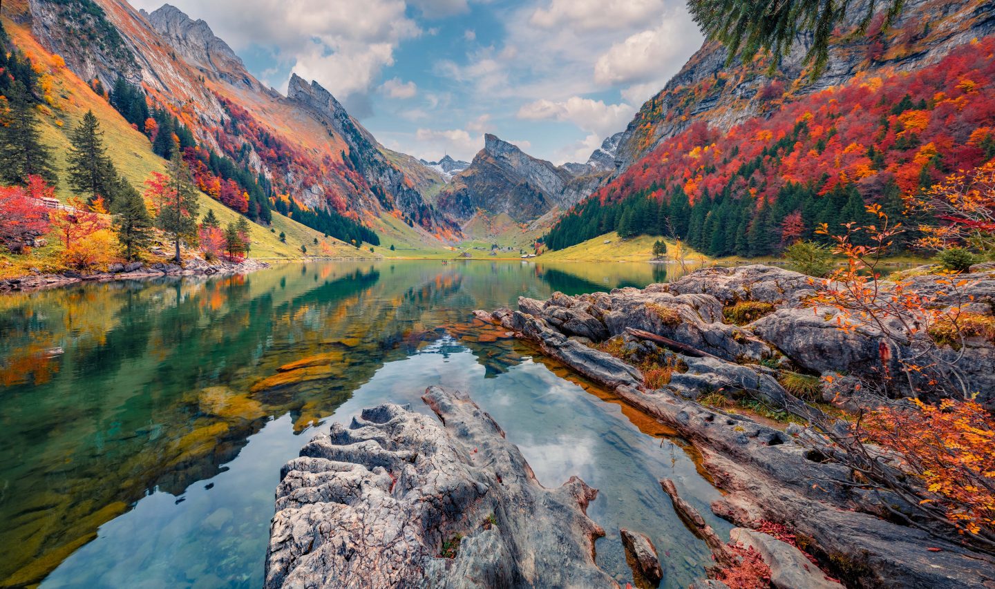 Autumn foliage by a lake in the Swiss Alps