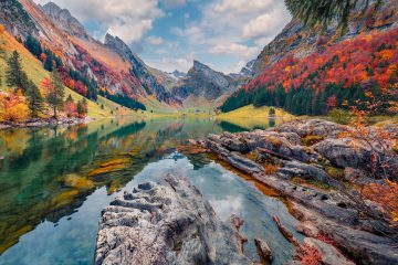 Autumn foliage by a lake in the Swiss Alps