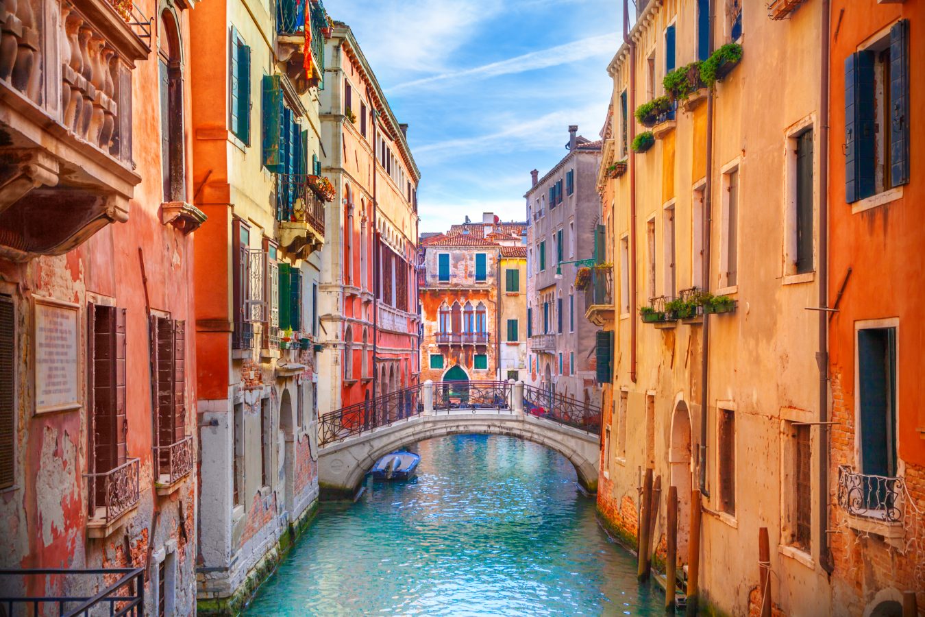 A colorful canal in the city of Venice, Italy.