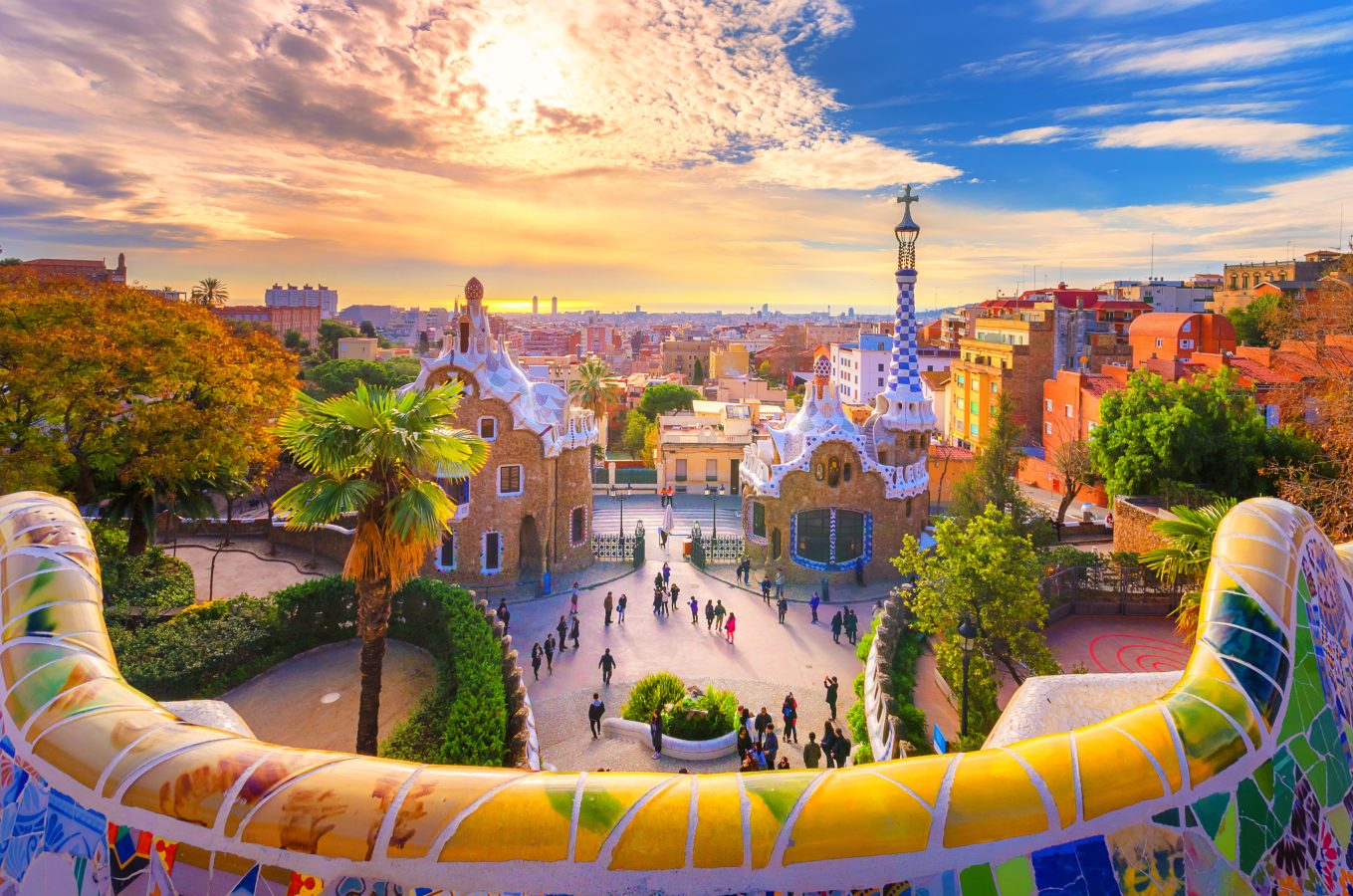 View of Park Geull at sunset in Barcelona, Spain.