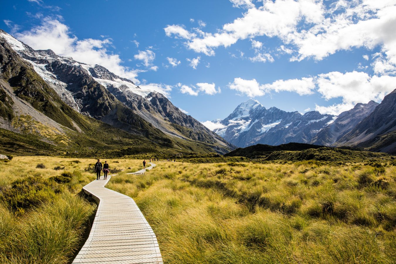 Hikers walking the trail in Aoraki/Mount Cook National Park in New Zealand.