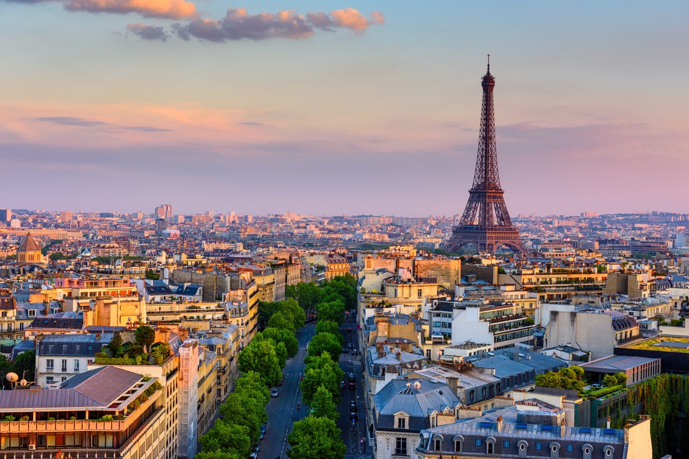 Skyline of Paris with Eiffel Tower in Paris, France. Panoramic sunset view of Paris