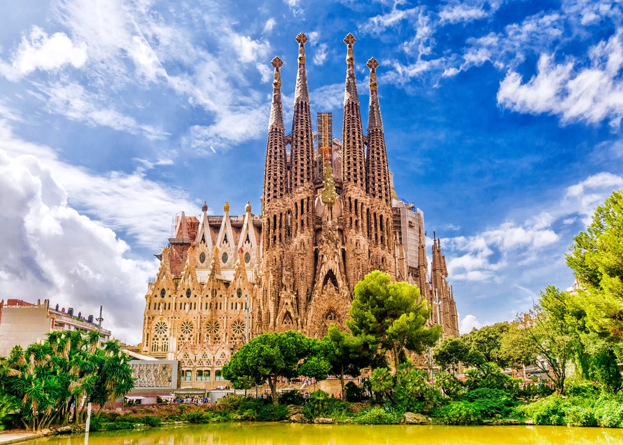 View of La Sagrada Familia in Barcelona on a sunny day.