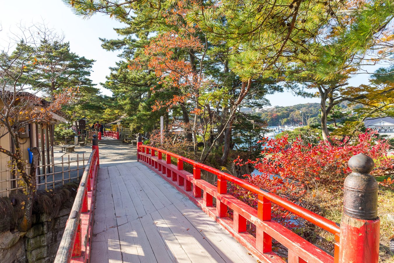 Matsushima Miyagi and a red bridge in Japan.