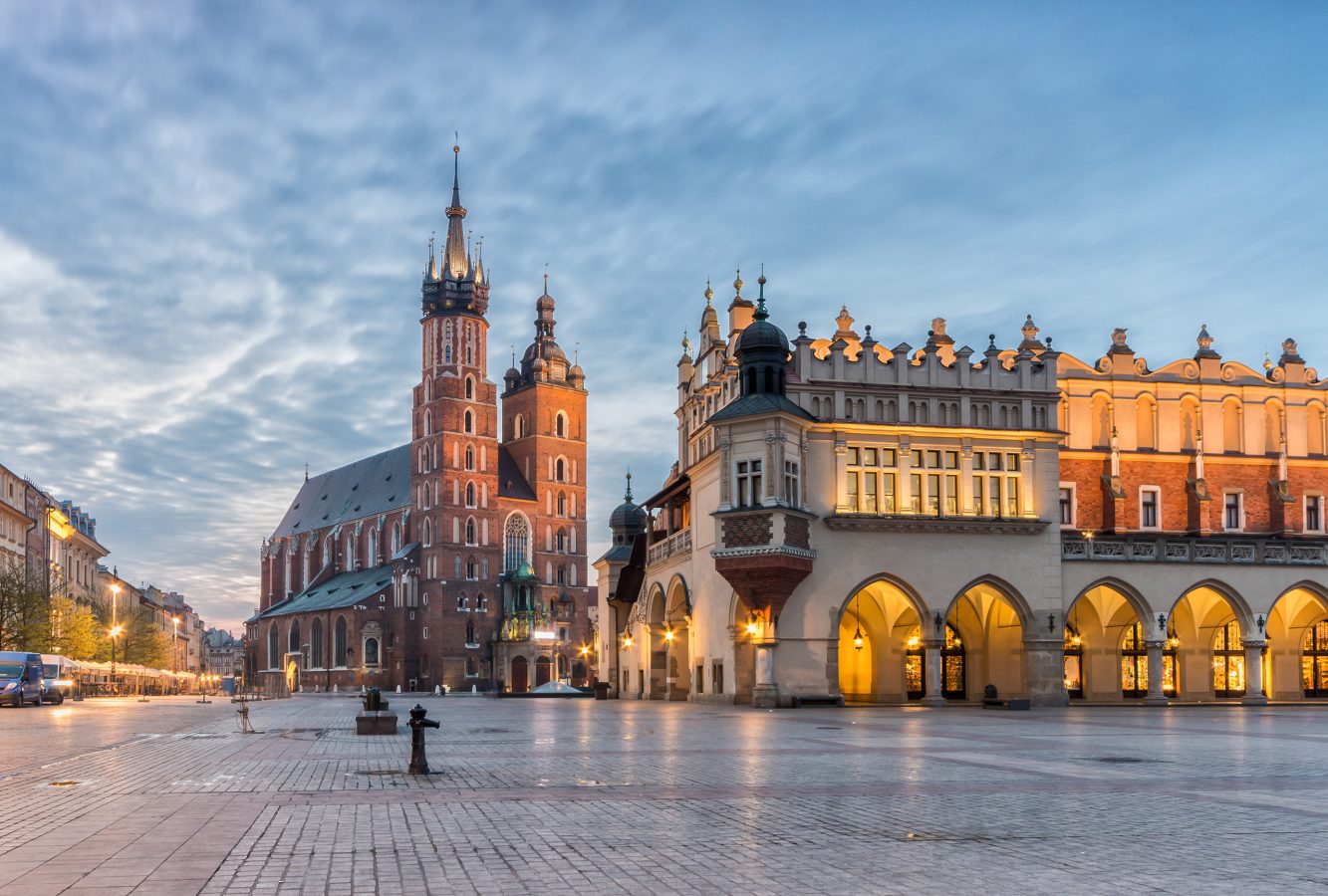 St Mary's church and Cloth Hall on Main Market Square in Krakow, illuminated in the night