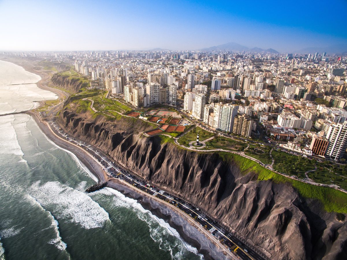 Aerial view of the cliffside of Lima, Peru from Miraflores.